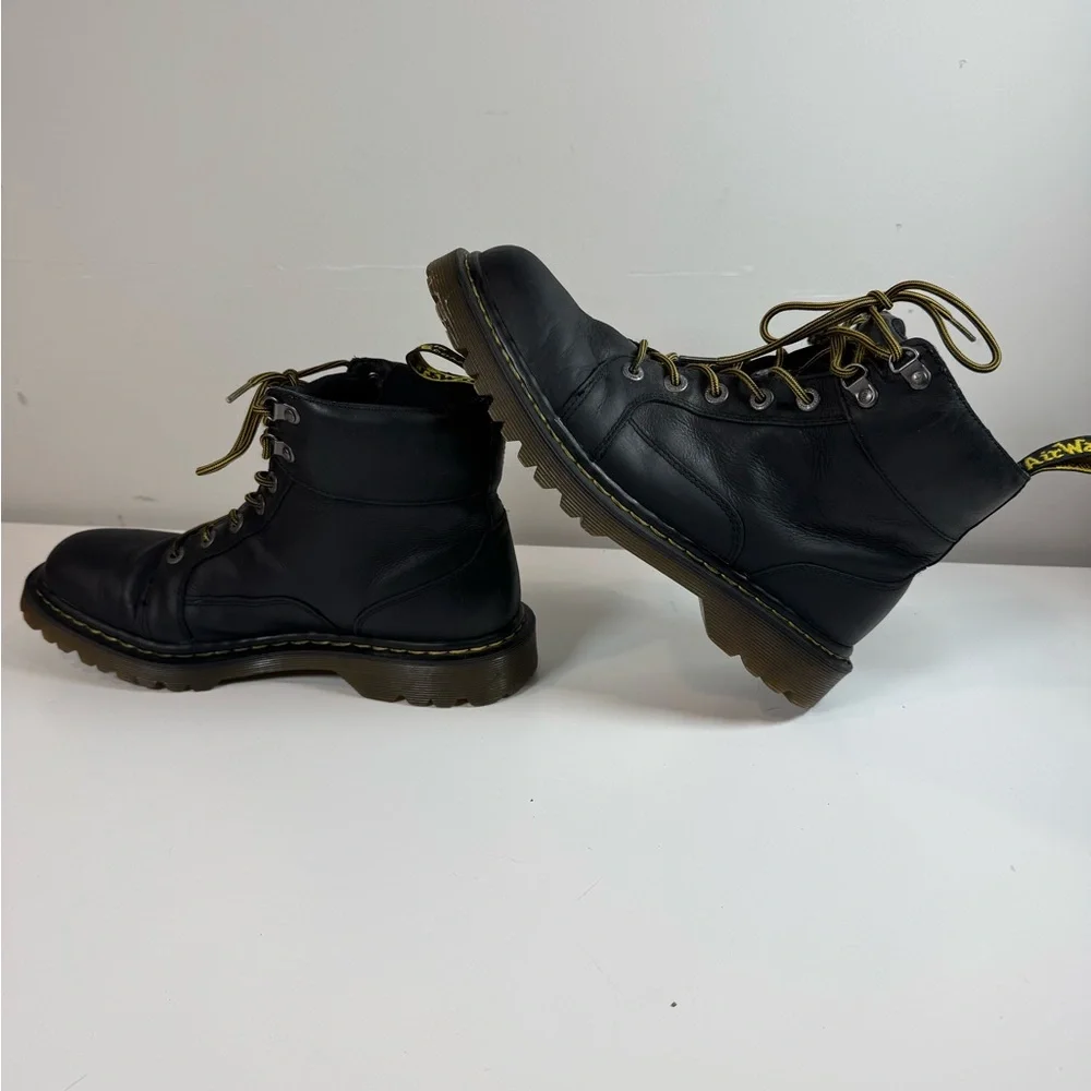 Dr. Martens Black Leather Lace-Up Combat Boots with Yellow Accents